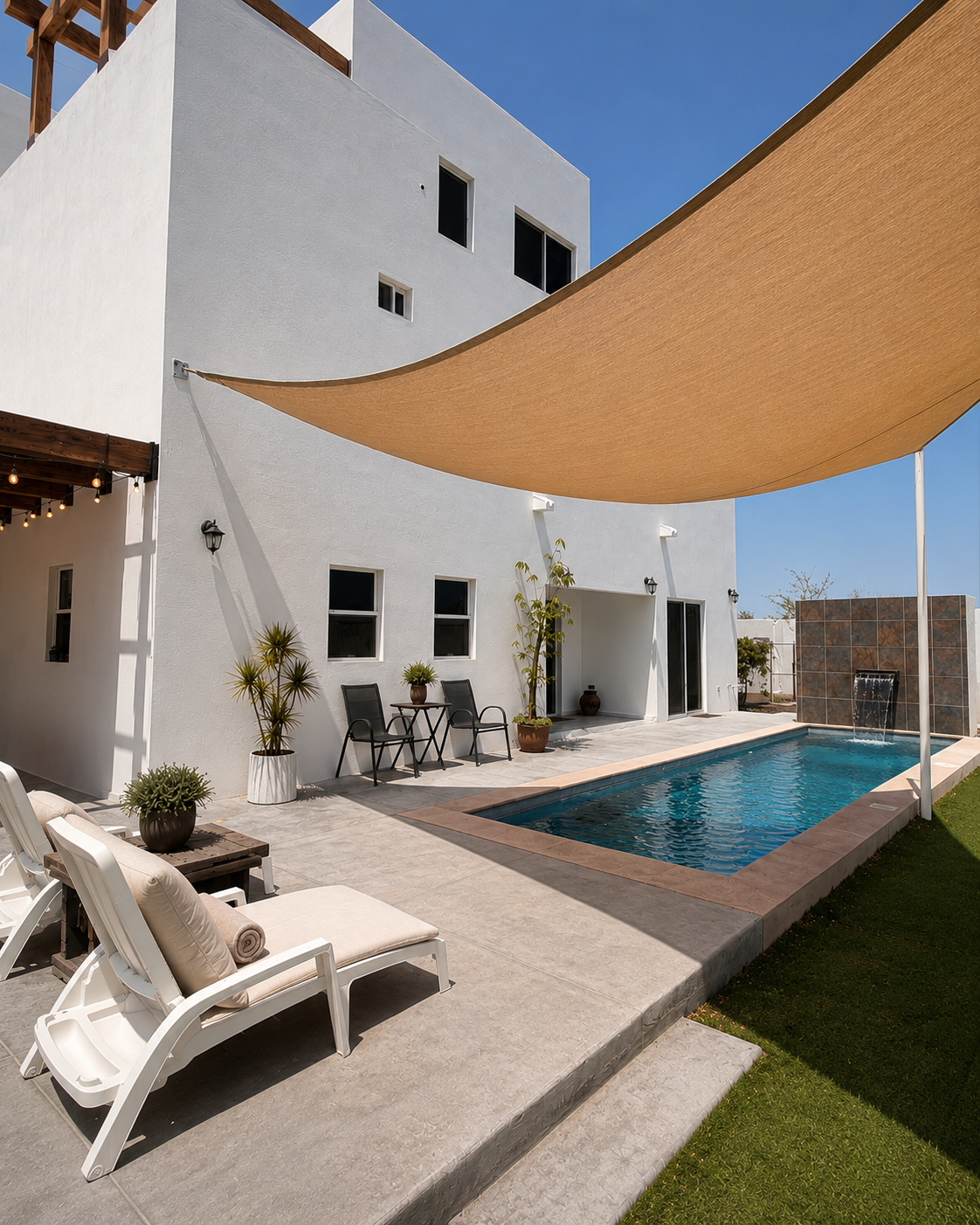 Casa Claudia courtyard at midday with shade sail over the pool